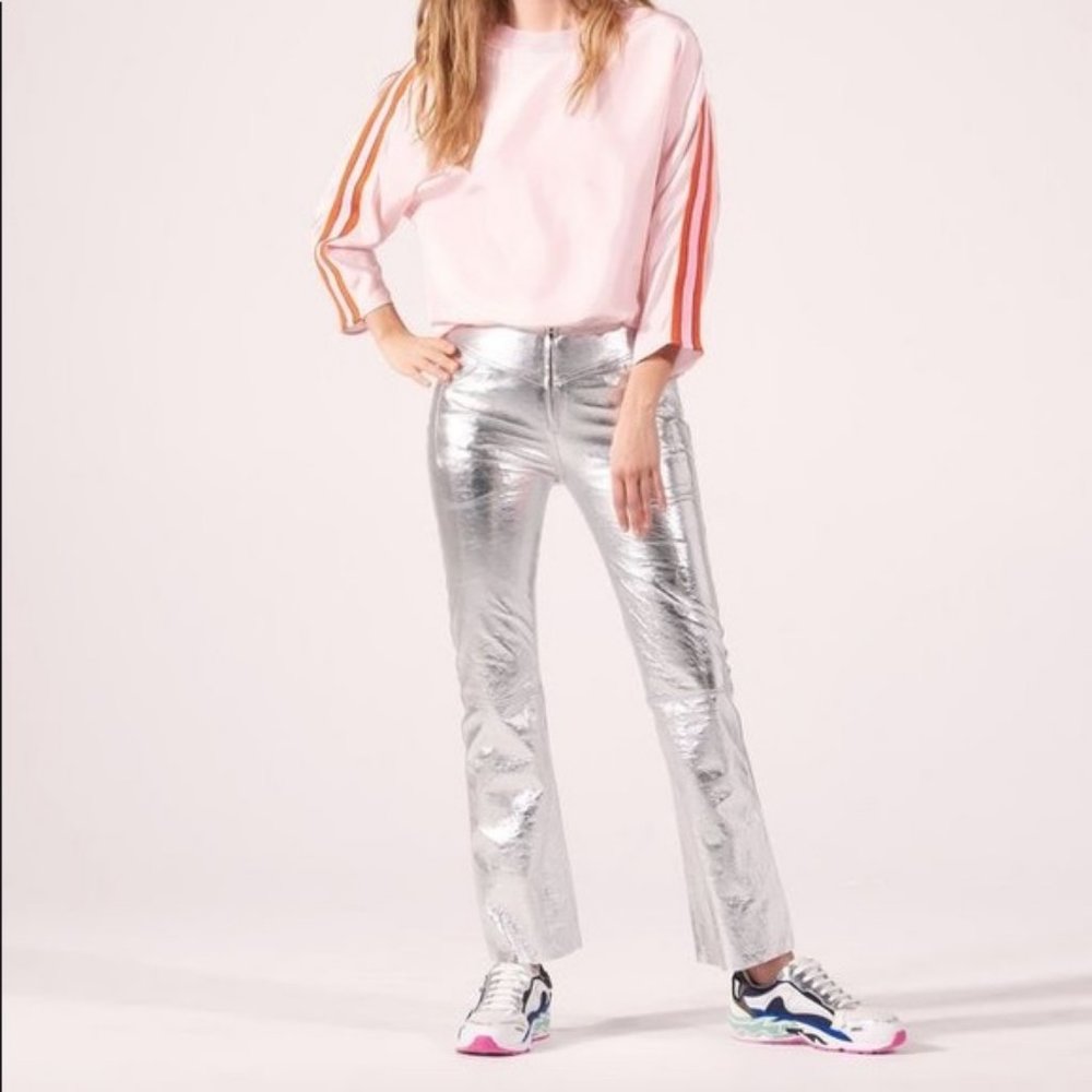 NWT Sandro Leather Devon Silver Cropped Pants - Picture 4 of 8